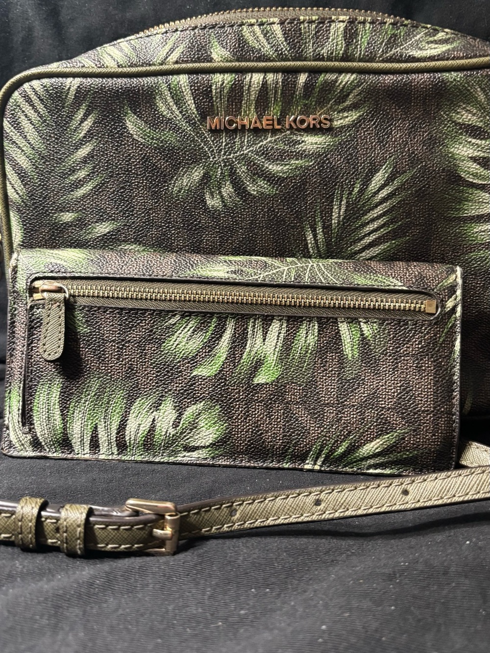 Michael Kors Olive Green Palm Print Crossbody Bag and Wallet